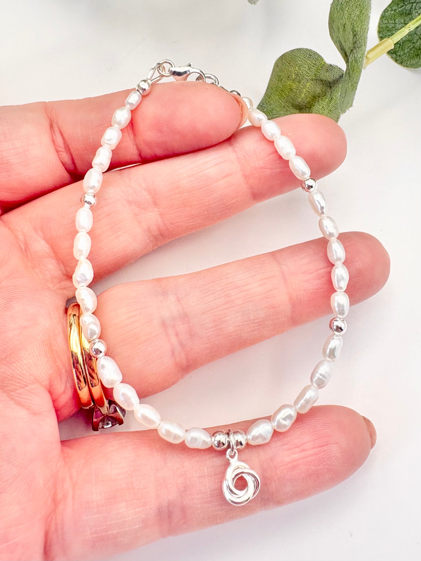 Freshwater Pearl Bracelet with Knot Charm - Sterling Silver