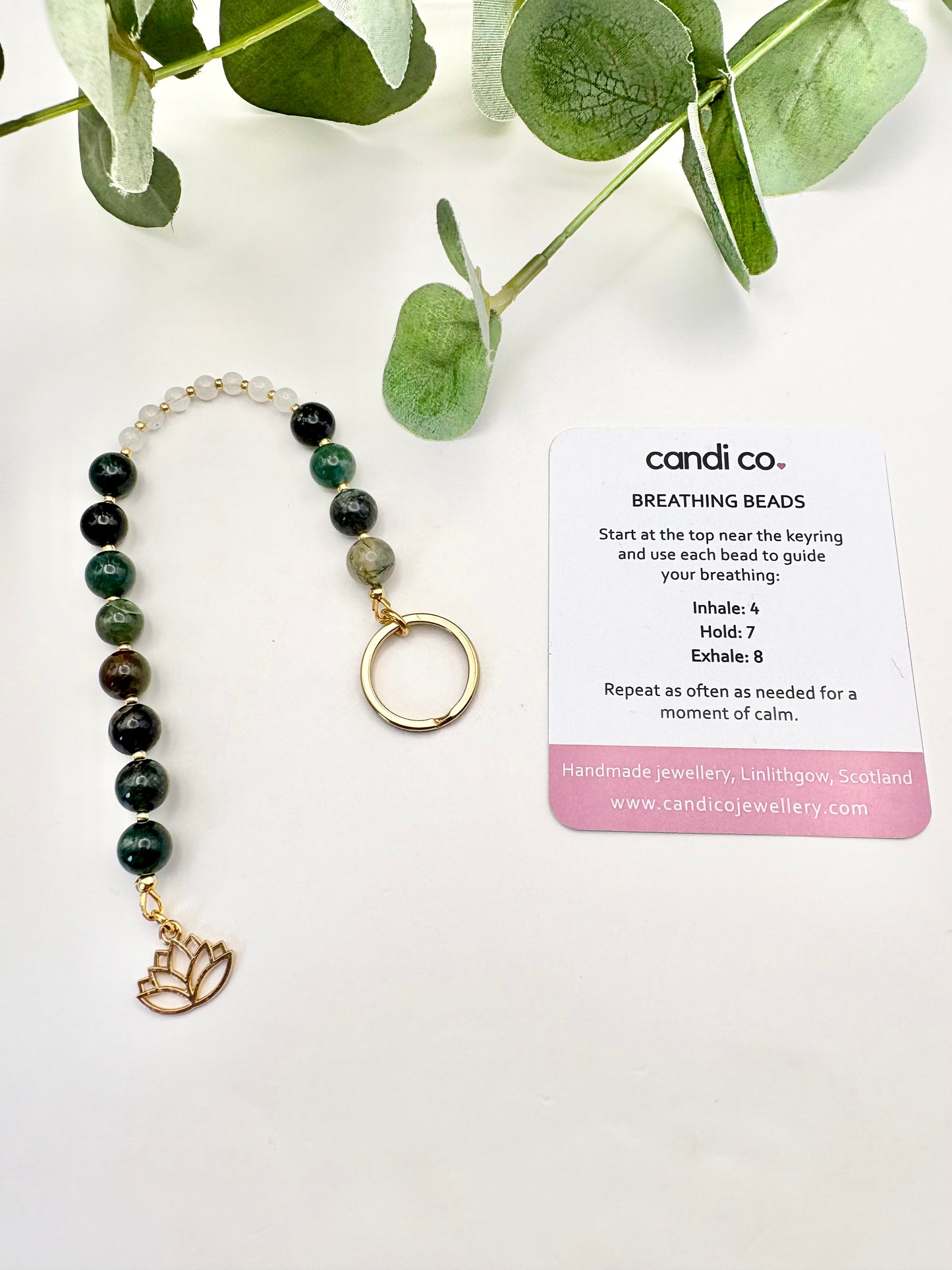 Breathing Beads Keyring - Green Moss Agate With White Jade