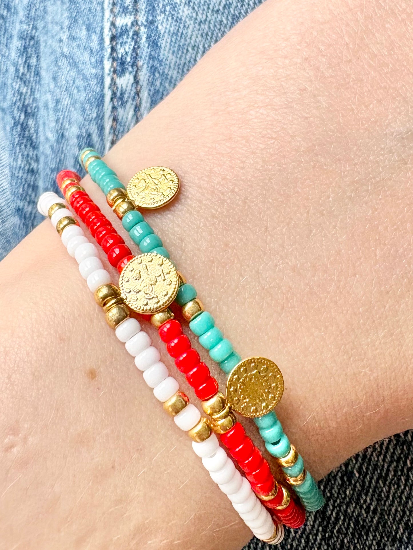 Boho Coin Seed Bead Bracelet - Red, Turquoise or White