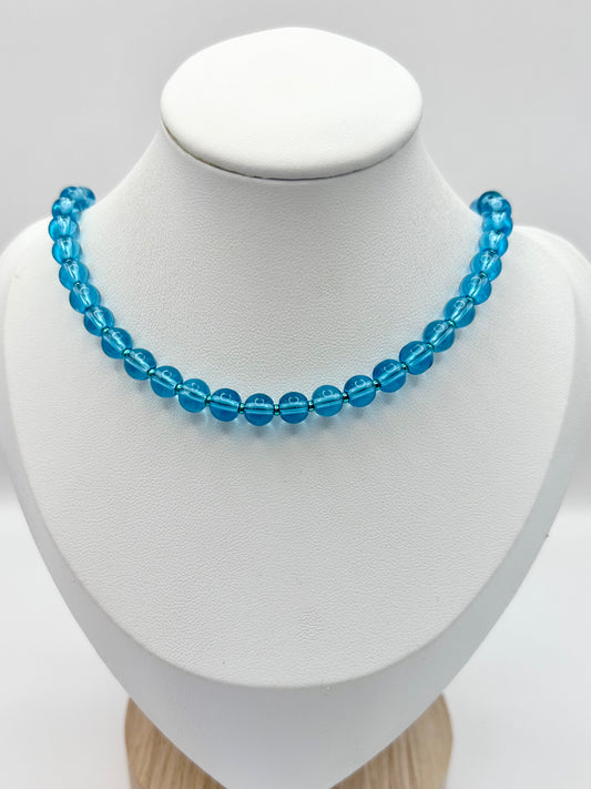 Blue glass and green seed beaded necklace - SALE
