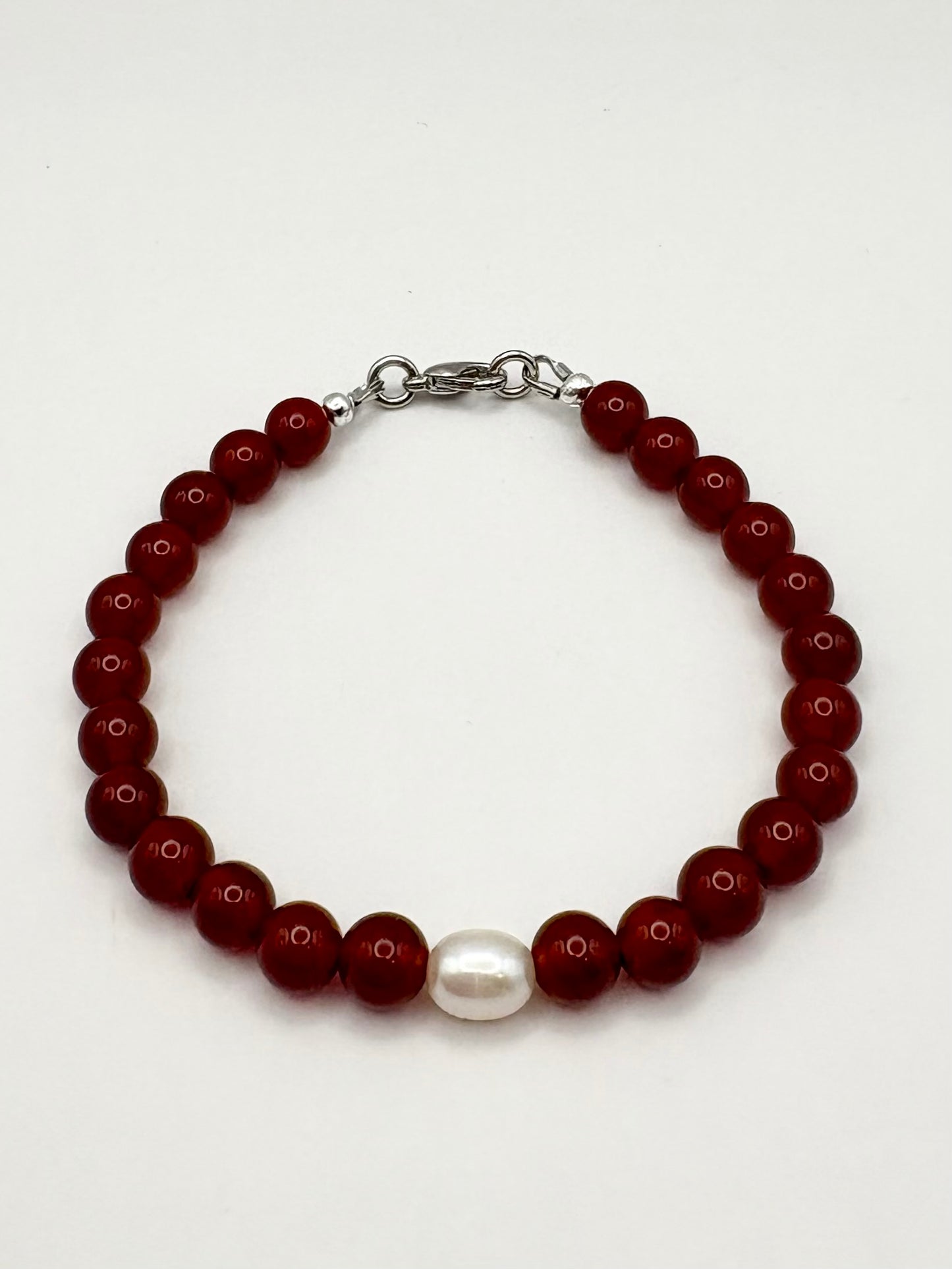 Carnelian Gemstone and Freshwater Pearl Bracelet - Silver-plated or Sterling Silver