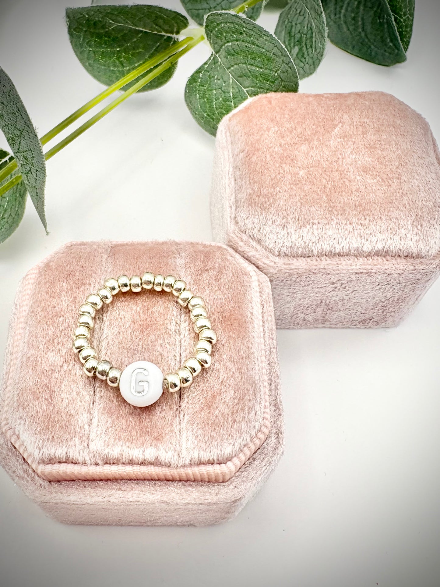 Seed Beaded Stretch Ring with Initial - Gold or Silver