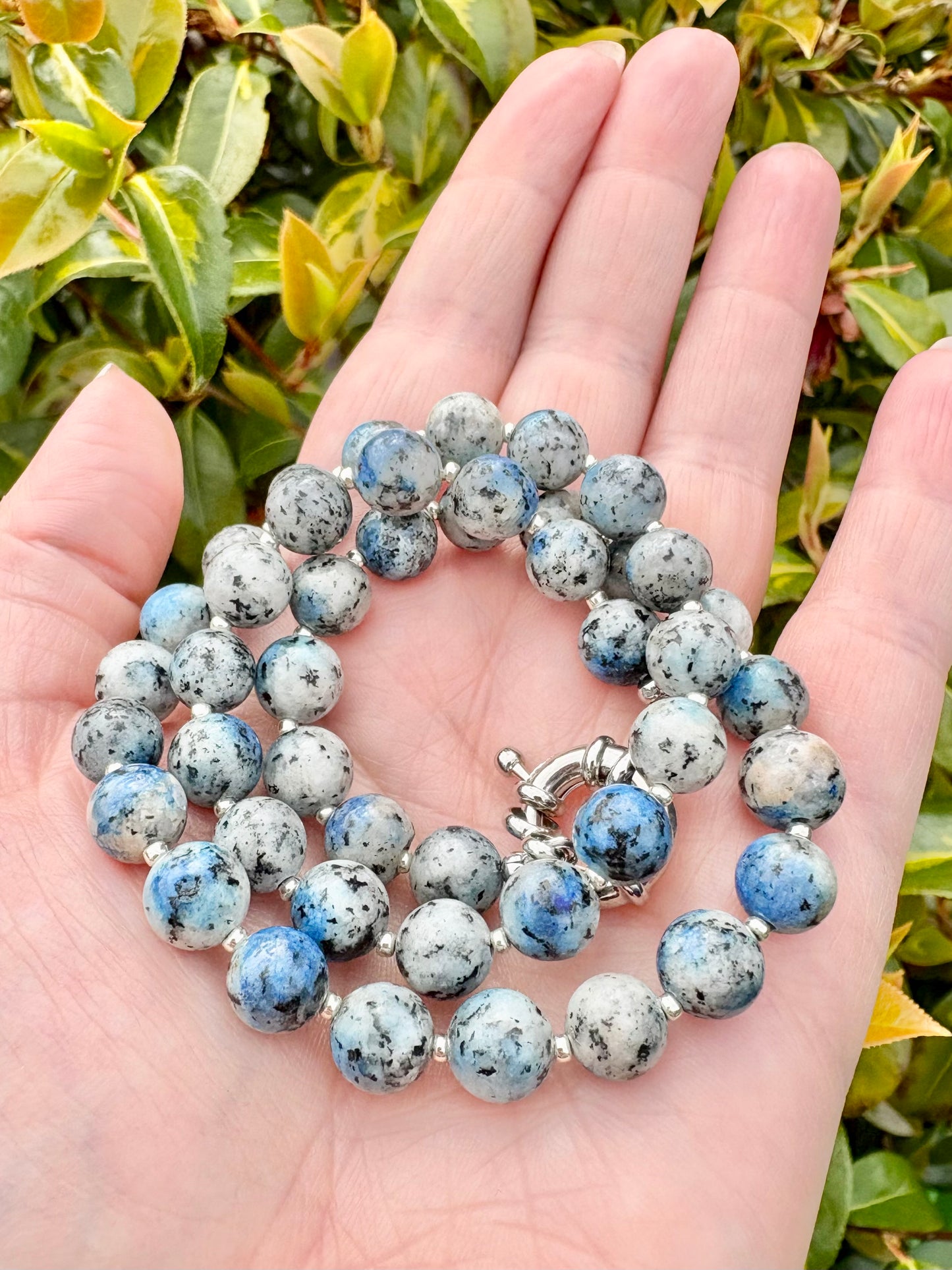 Grey and Blue K2 Raindrop Azurite Gemstone Necklace, Spring Clasp