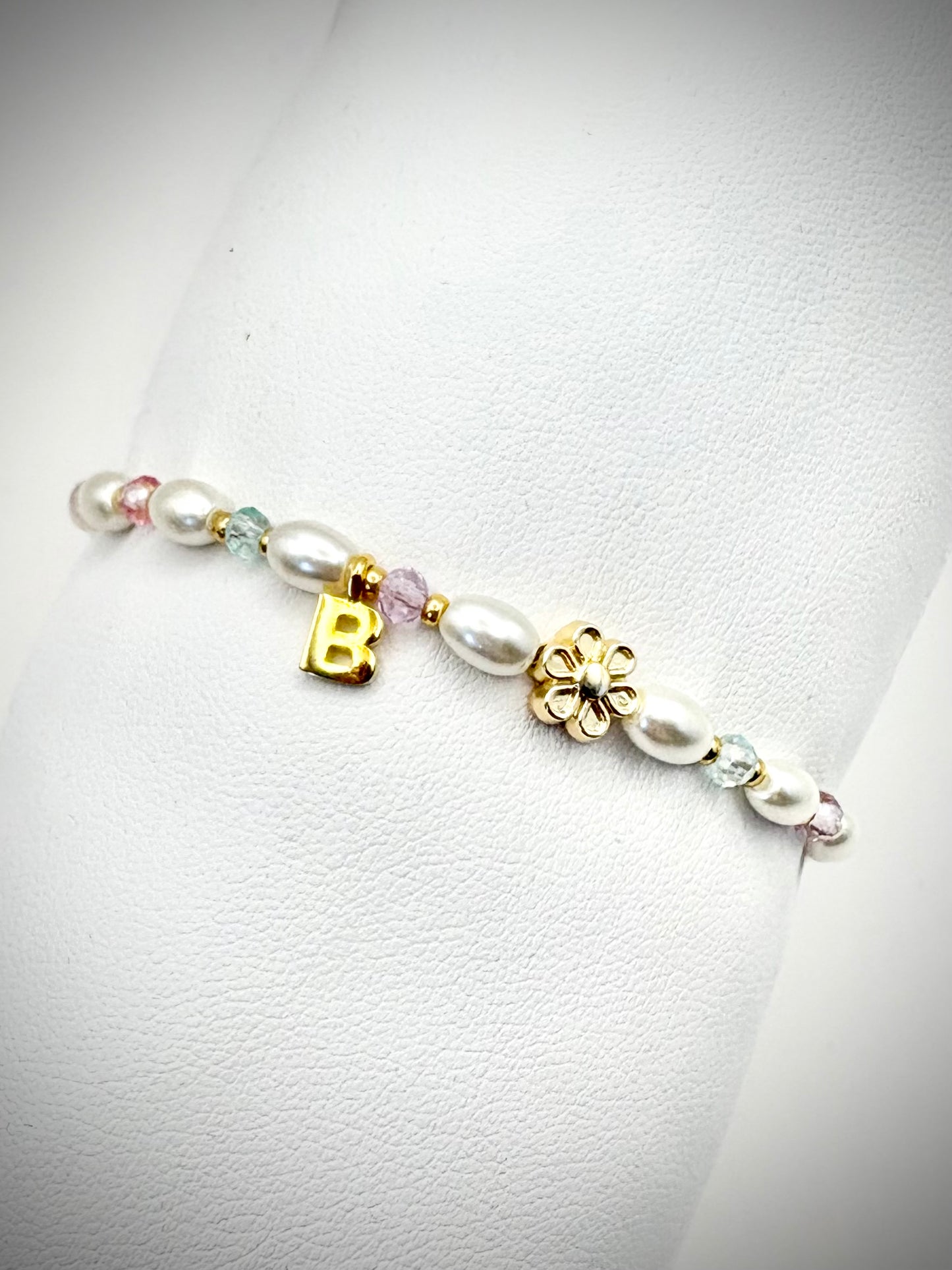 Personalised Glass Pearl & Crystal Flower Girl Bracelet Kids - Gold