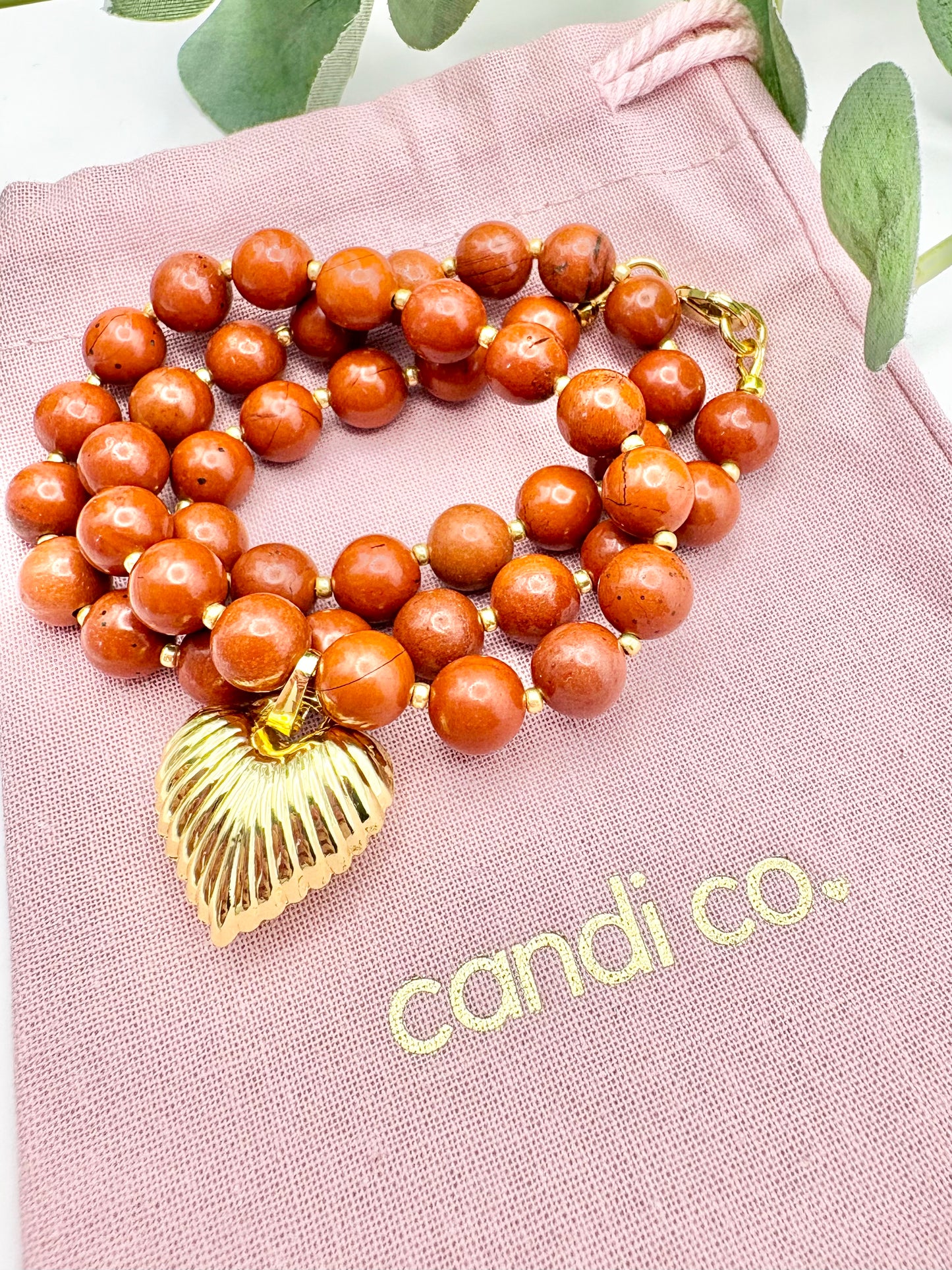 Red Gemstone and Puffy Heart Pendant Necklace