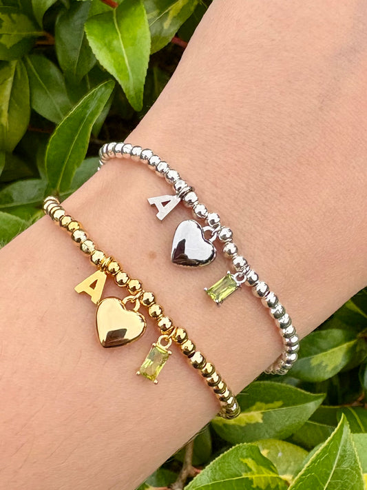 Personalised Birthstone, Initial & Heart Beaded Bracelet