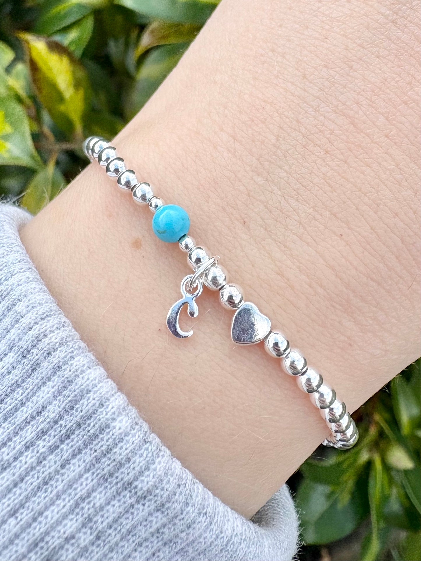 Initial, Birthstone and Charm Beaded Bracelet - Sterling Silver