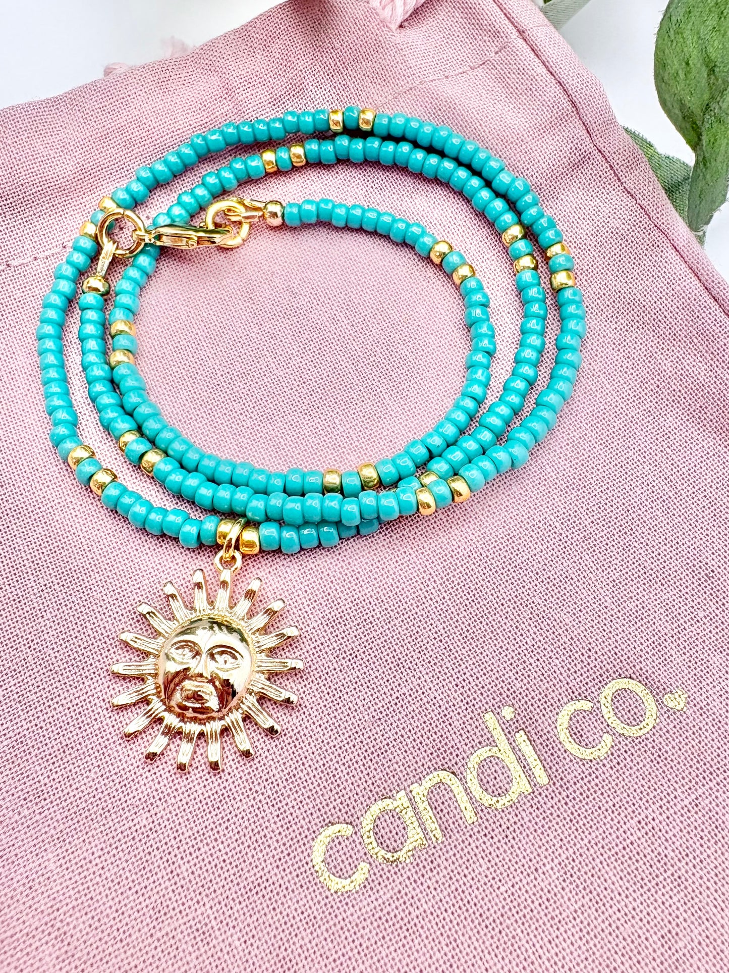 Seed Bead & Sunshine Pendant Necklace - Turquoise or Red