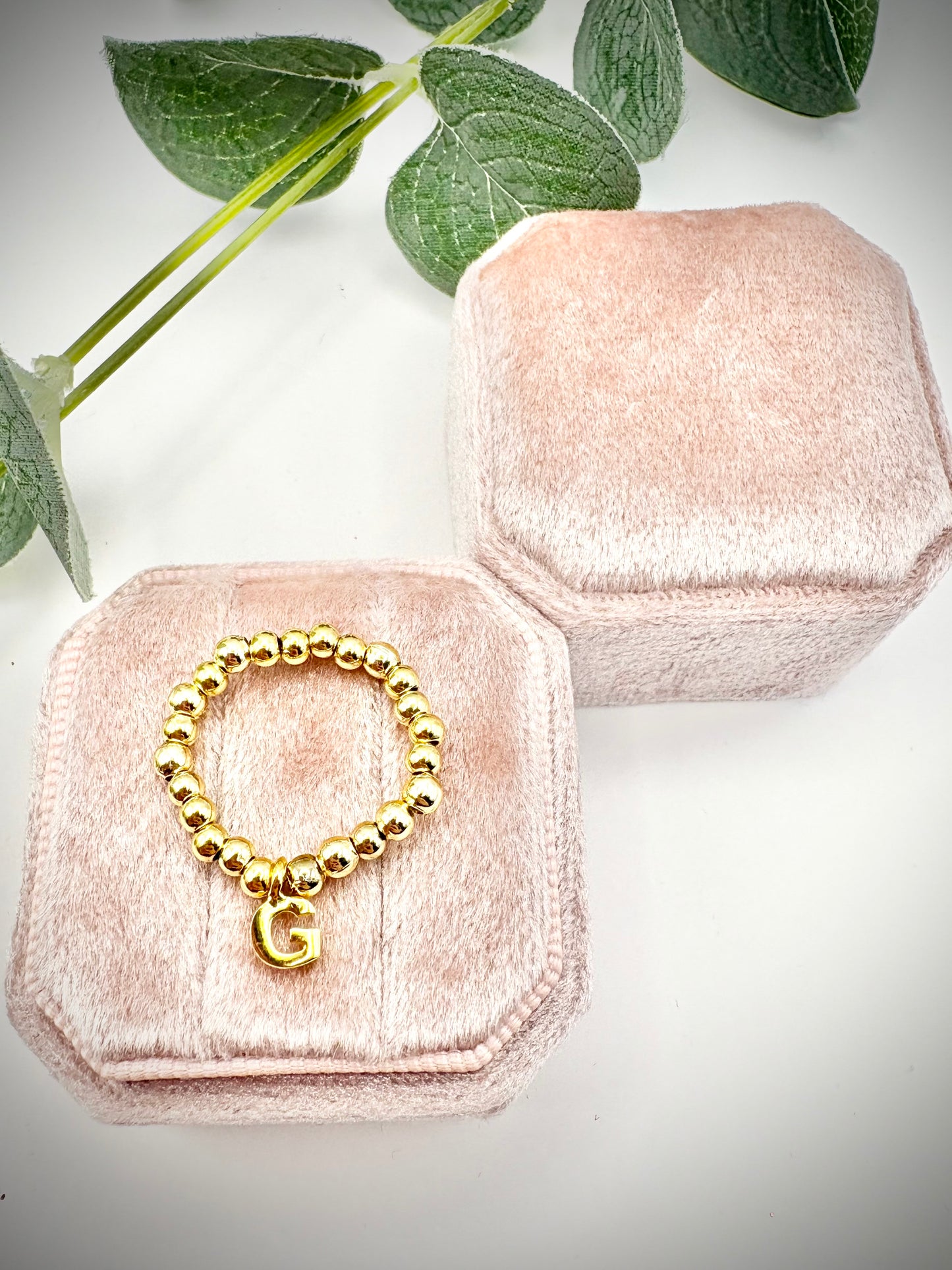 Beaded Stretch Ring with Initial - Gold or Silver-Plated