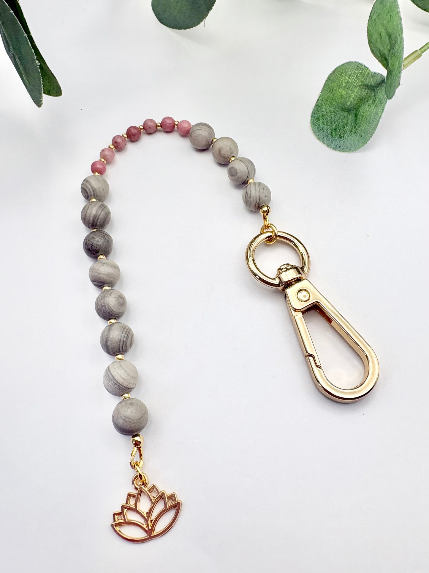 Breathing Beads Keyring - Grey Line Jasper With Rhodonite