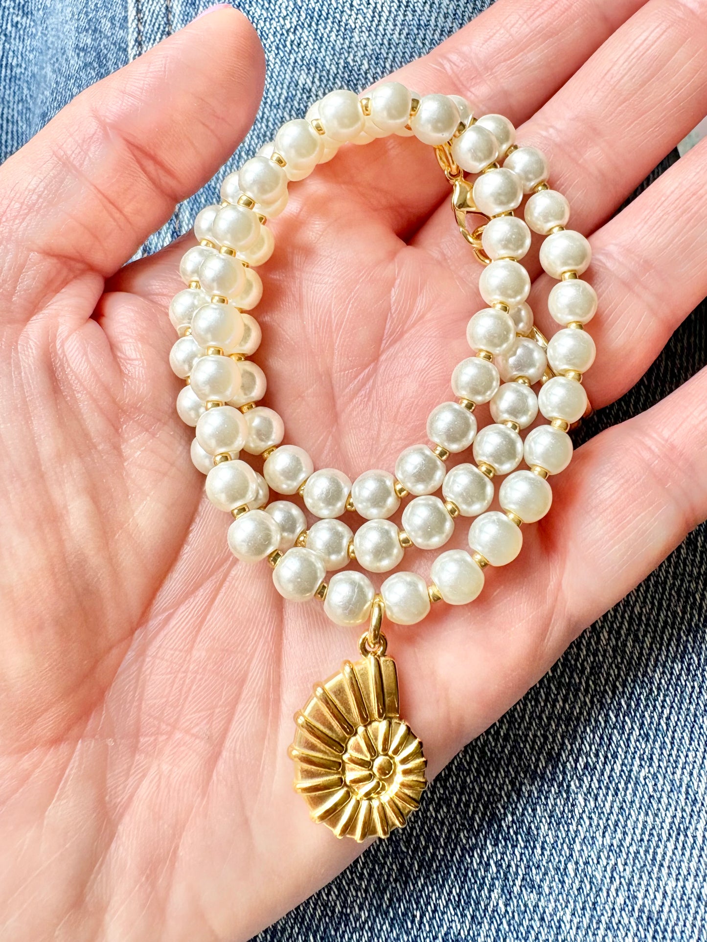 Seashell Charm & Glass Pearl Necklace