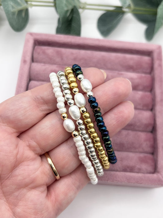 Stacking Bridal Seed Bead Freshwater Pearl Bracelet - Various Colours