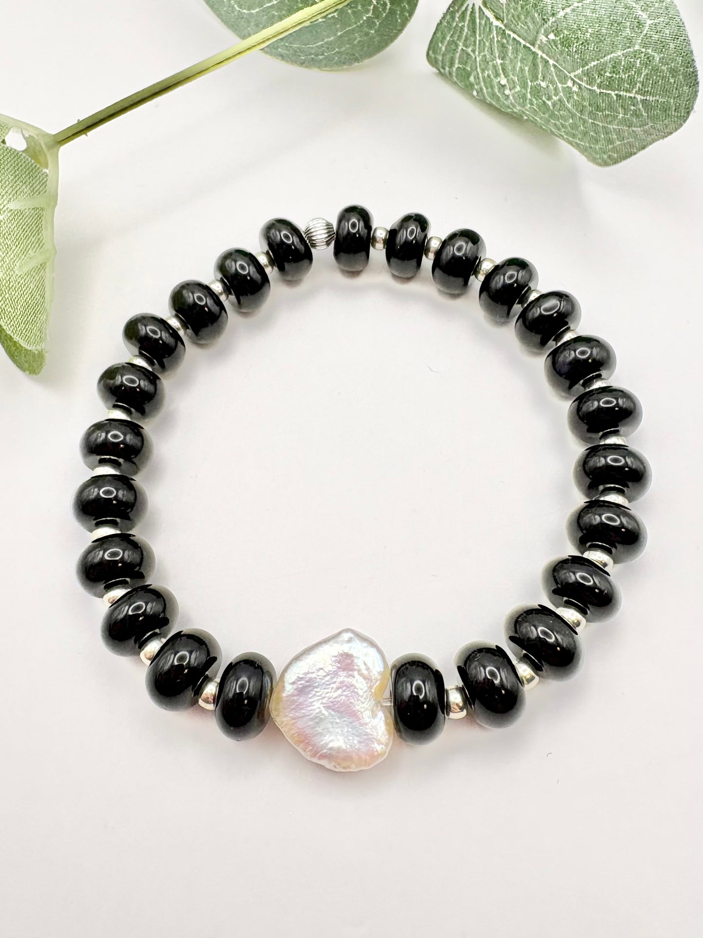 Handmade Black Onyx and Freshwater Pearl Heart Bracelet - Gold or Silver SALE