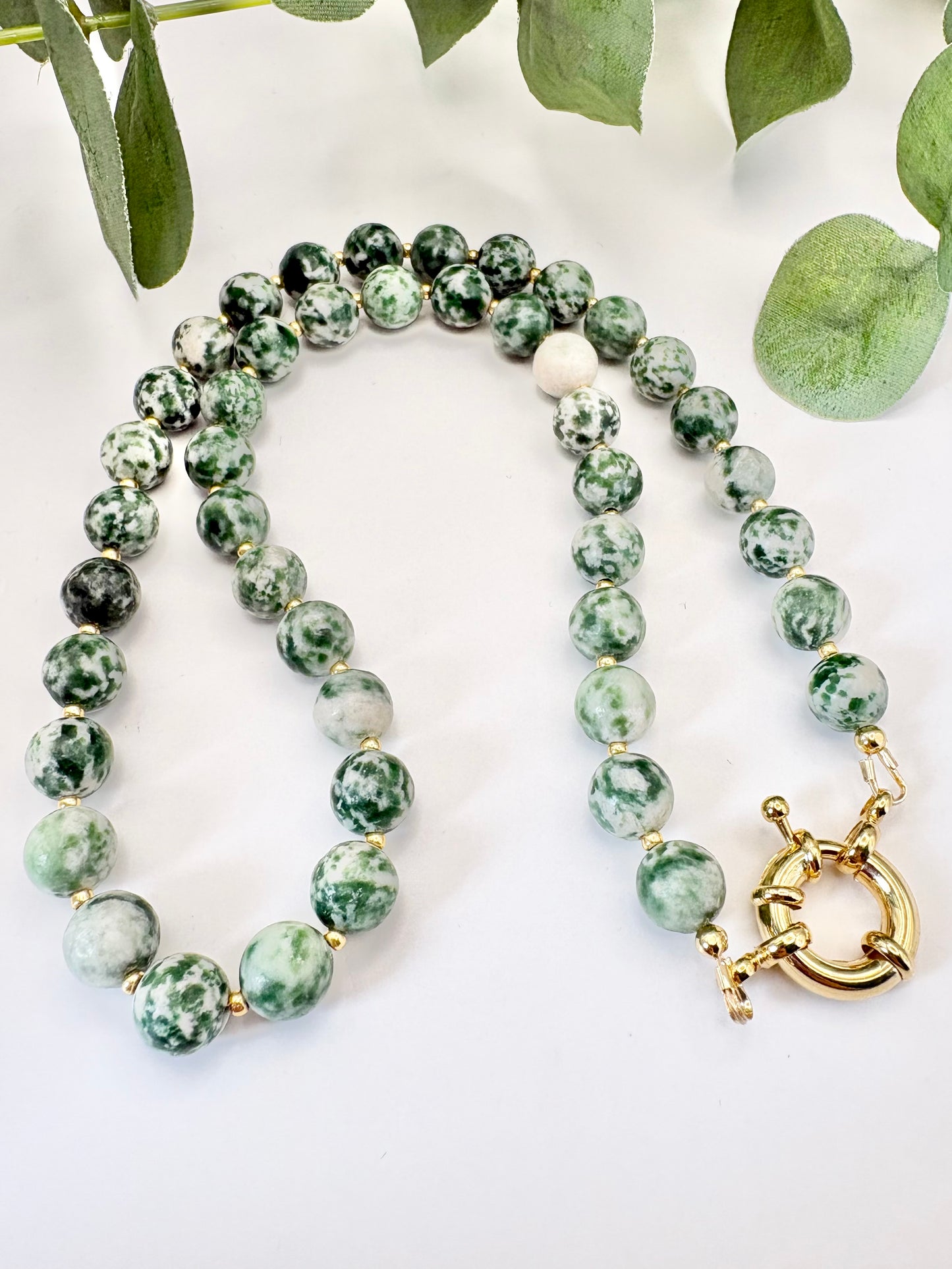 Green & White Camouflage Jasper Gemstone Necklace, Spring Clasp