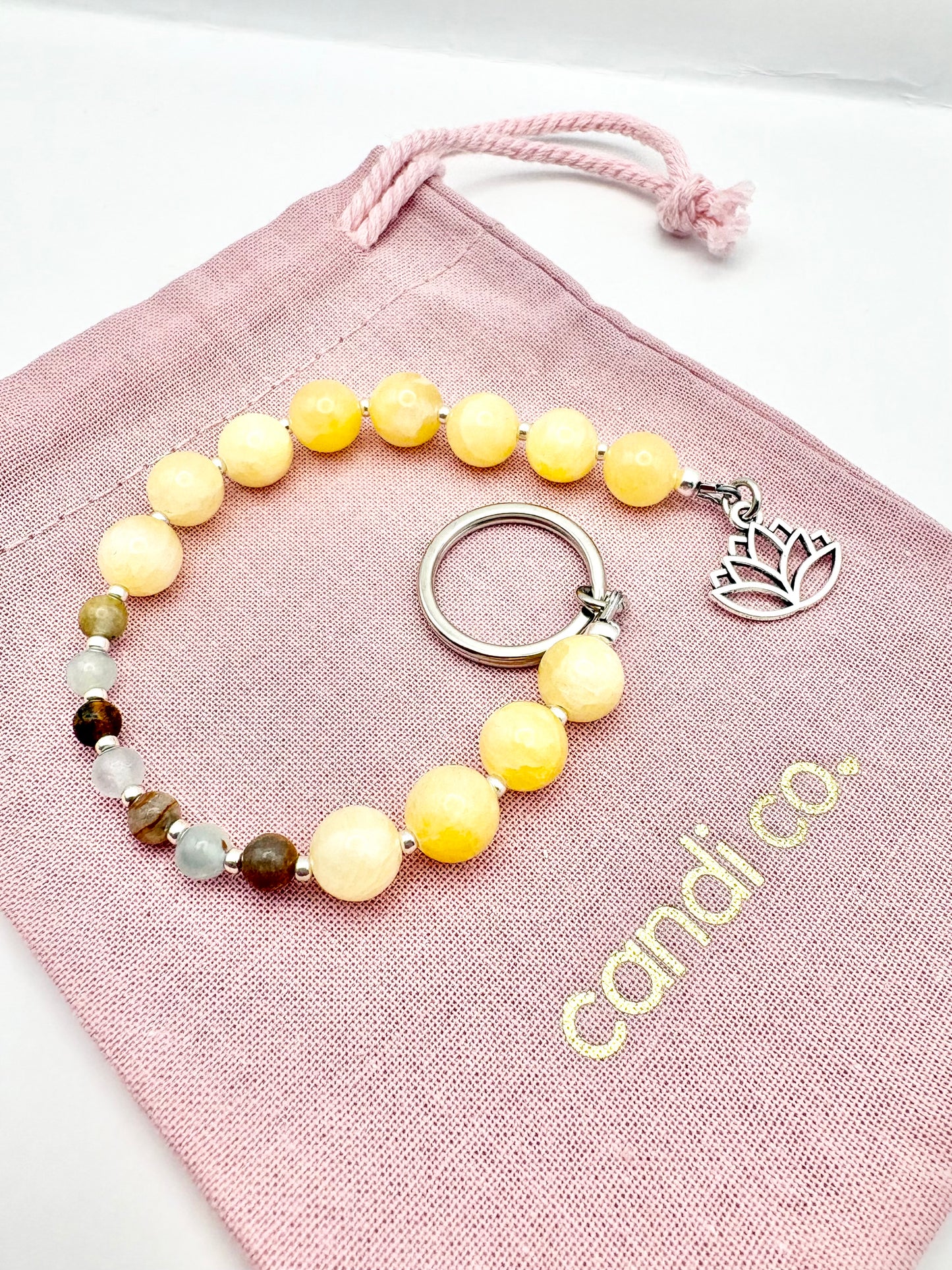Breathing Beads Keyring - Honey Jade With Lemurian Aquatine Calcite