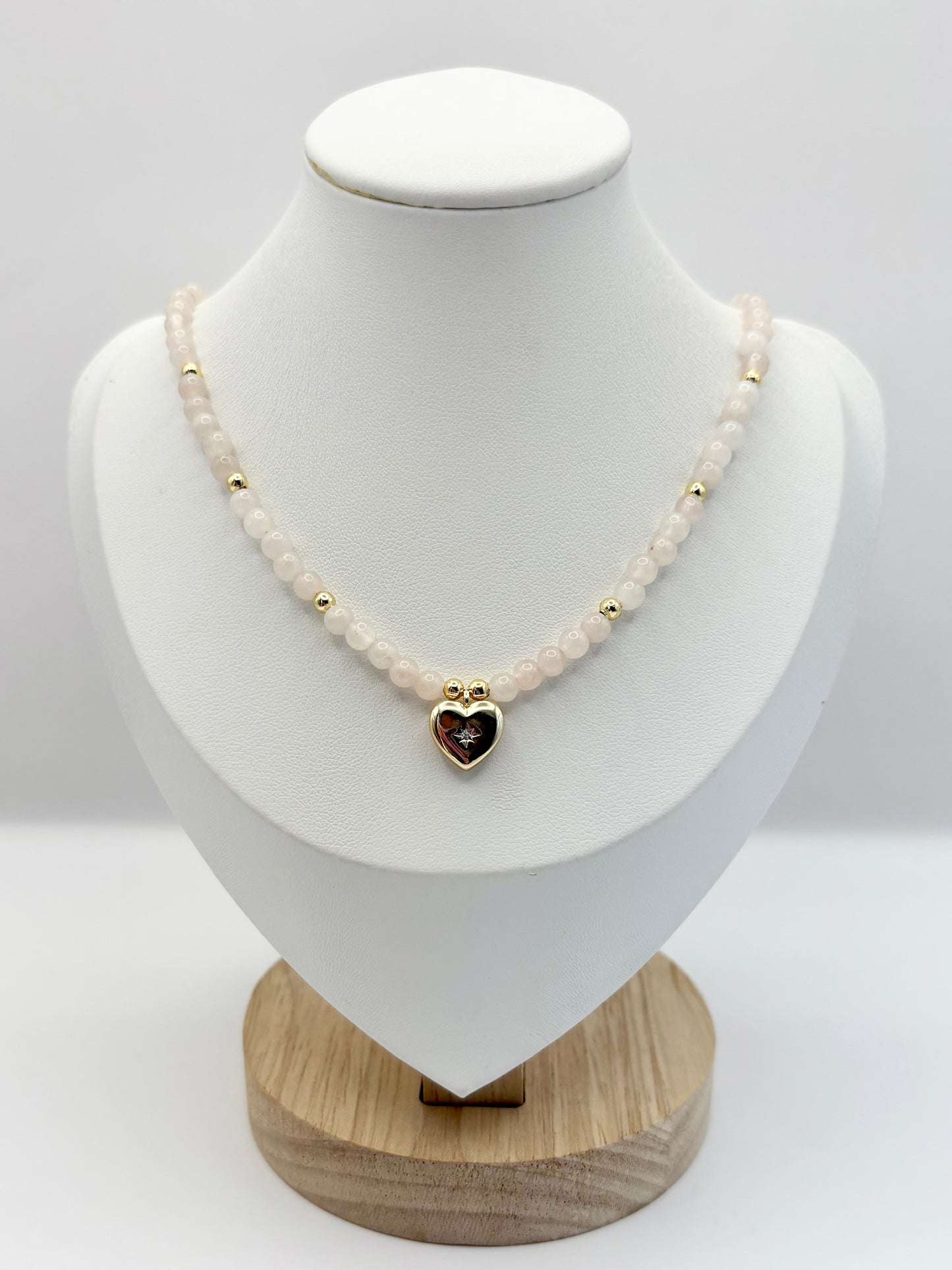 Rose Quartz Gemstone & Gold Heart Charm Necklace