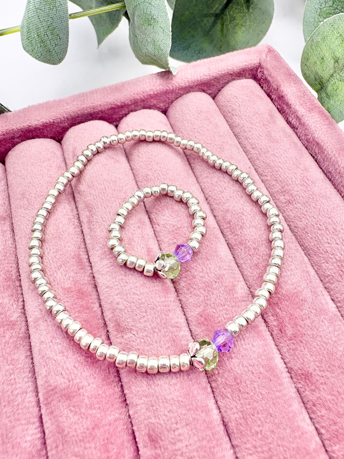 Thistle Seed Beaded Stretch Ring - Silver