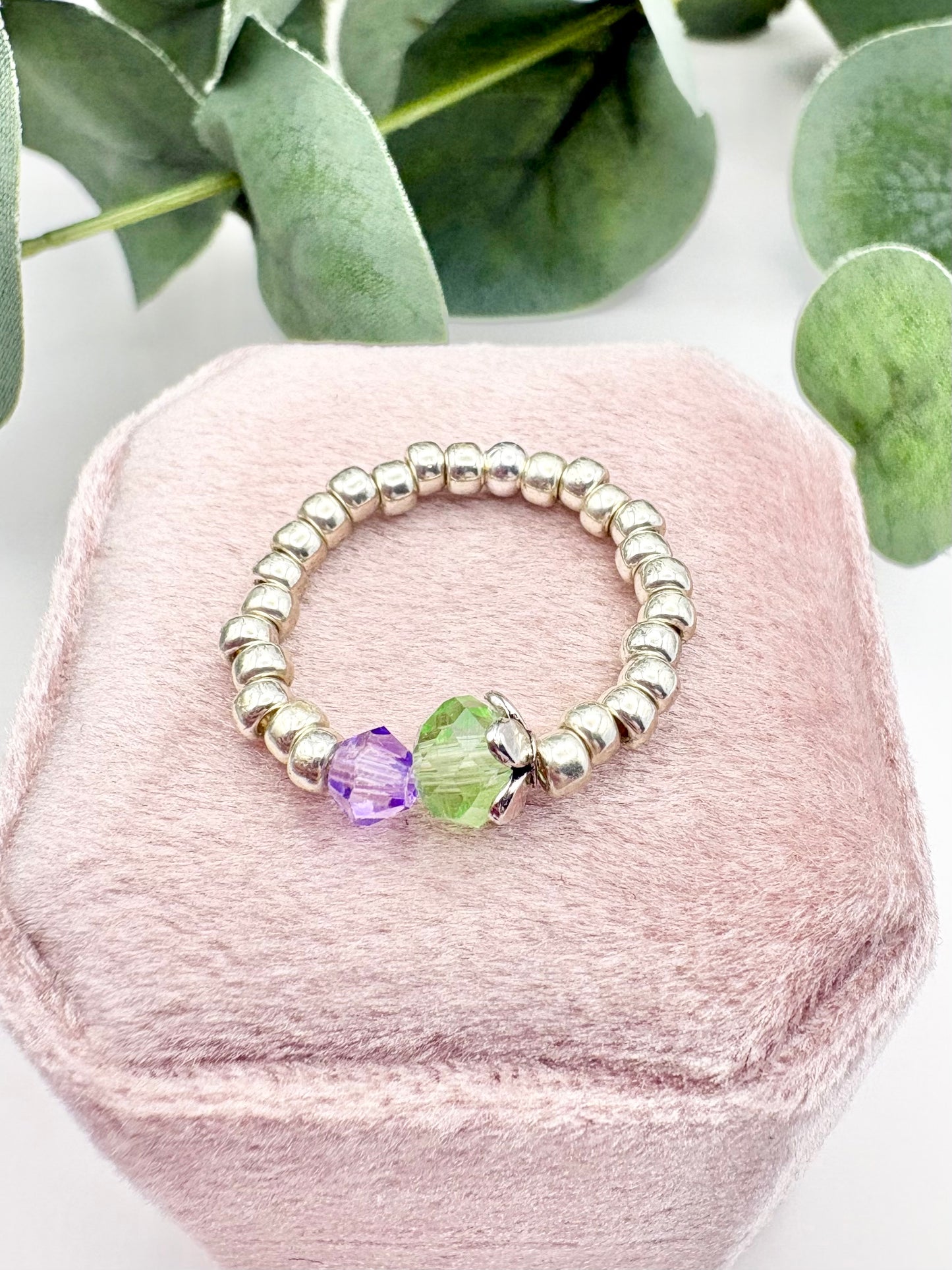 Thistle Seed Beaded Stretch Ring - Silver