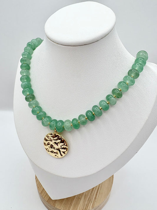 Green Aventurine Rondelle Gemstone Necklace With Disc Charm