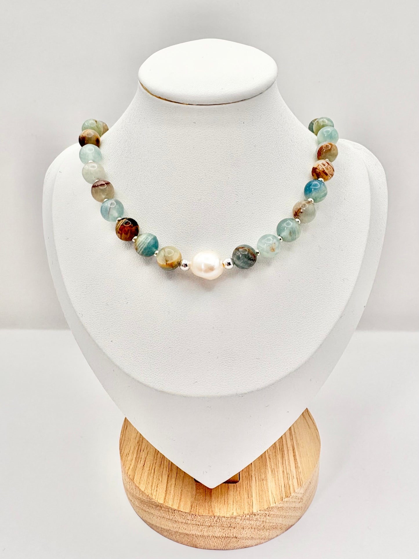 Lemurian Aquatine Calcite & Freshwater Pearl Beaded Necklace - Sterling Silver