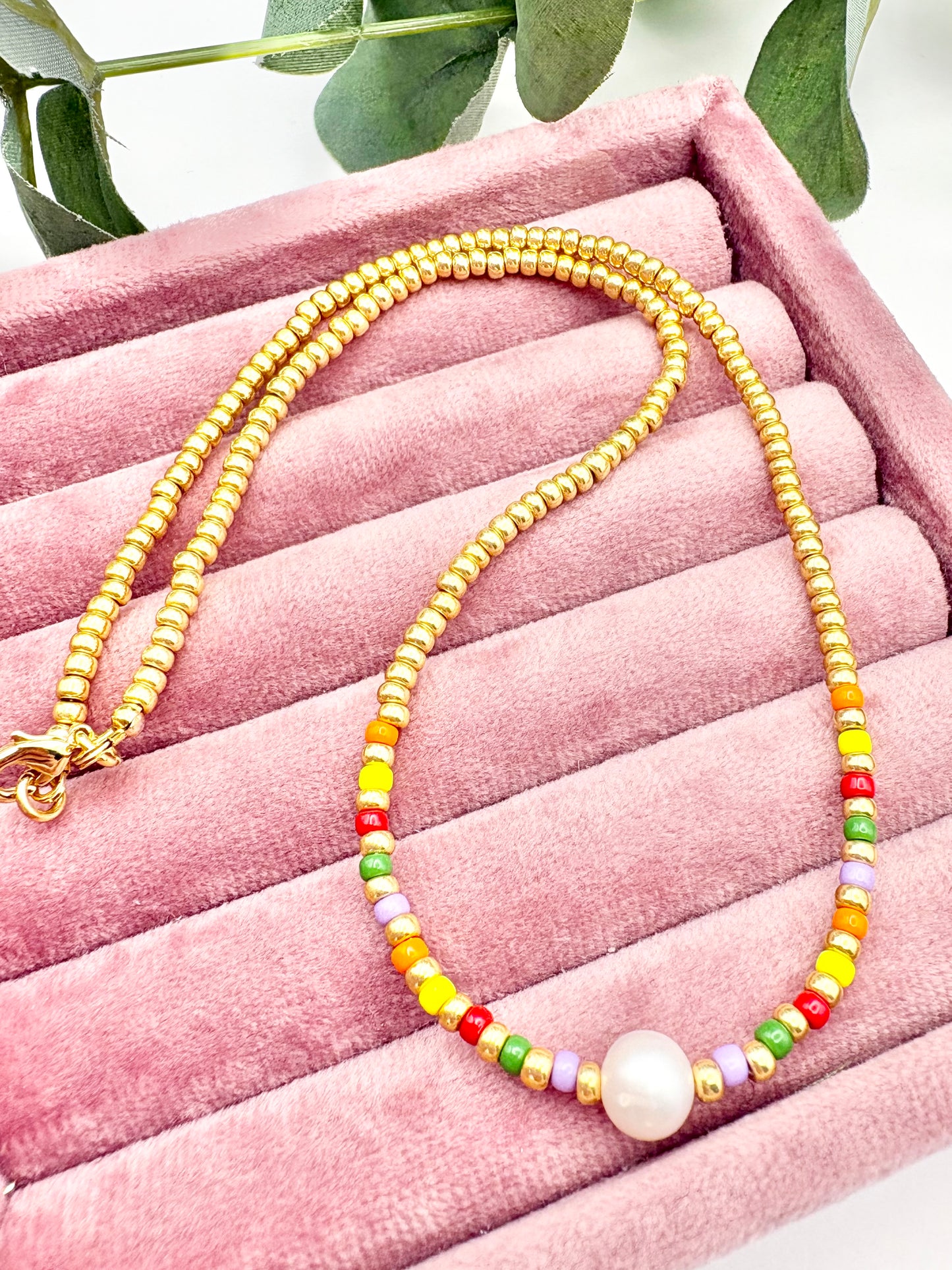 Colourful Seed Bead & Freshwater Pearl Necklace - Gold