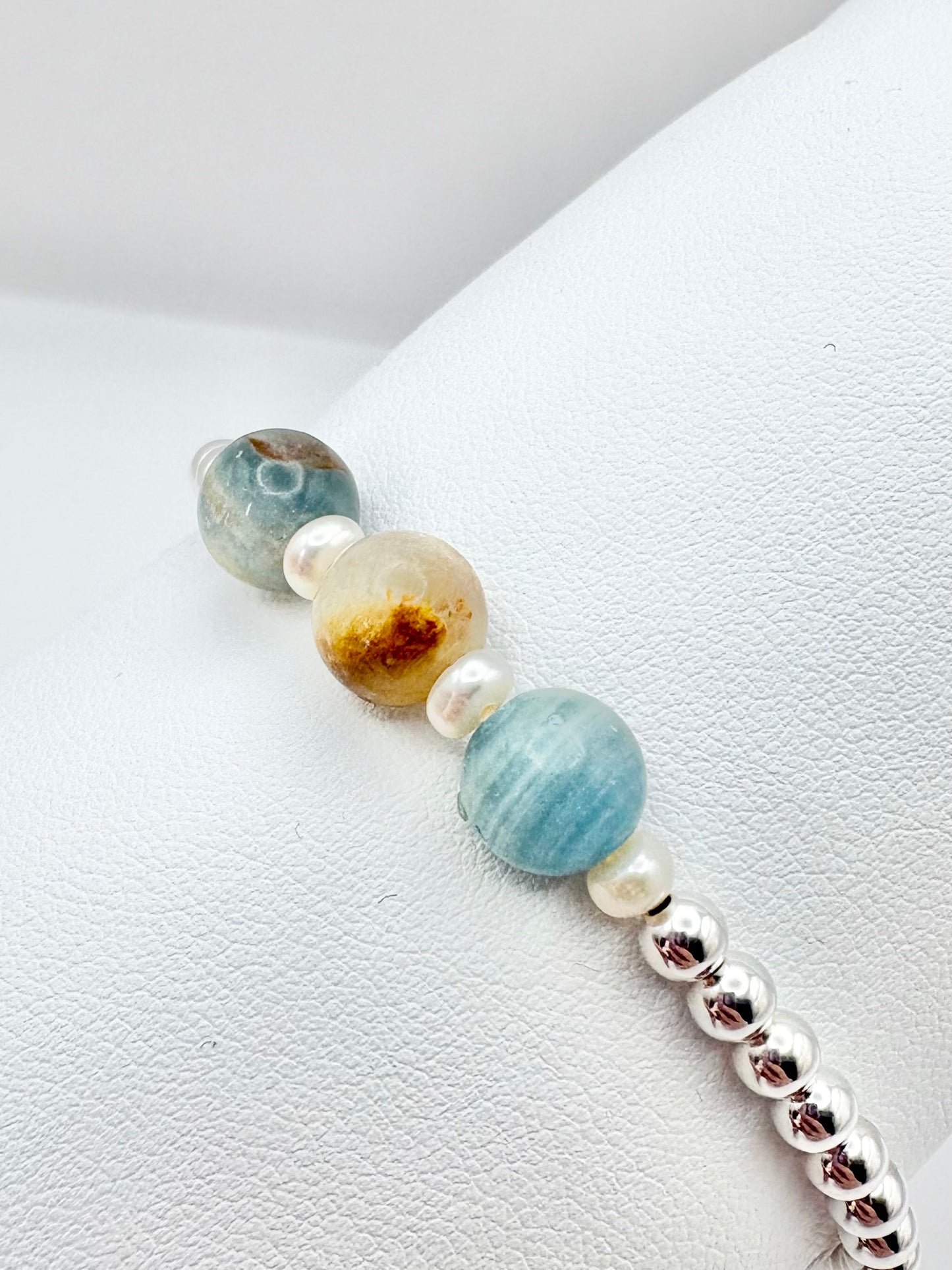 Sterling Silver Beaded Bracelet with Lemurian Aquatine Calcite & Freshwater Pearls