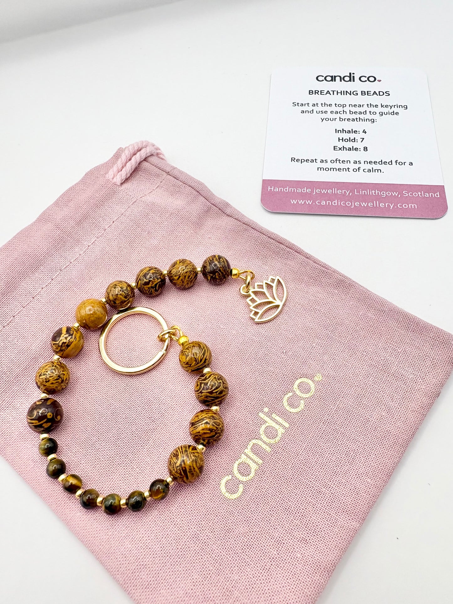 Breathing Beads Keyring - Brown Miriam Calligraphy With Tiger's Eye