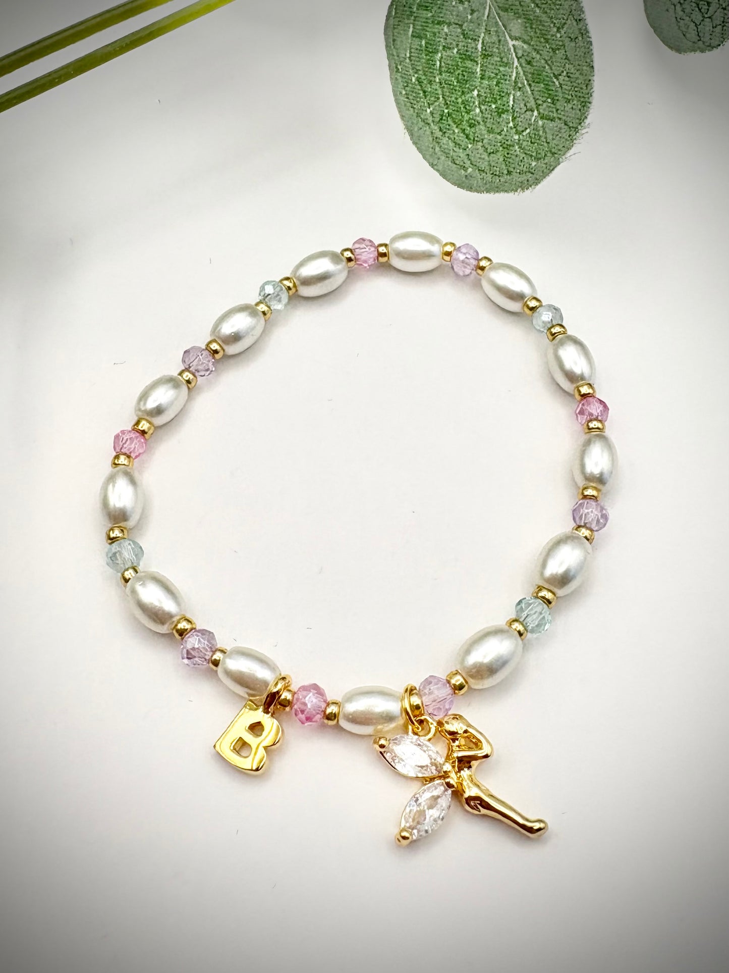 Personalised Glass Pearl & Crystal Fairy Bracelet Kids - Gold