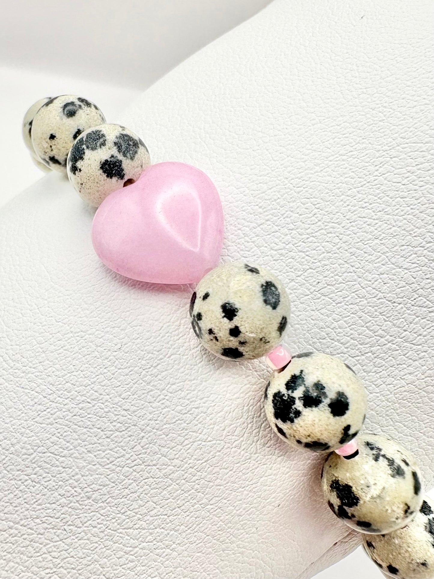 Dalmatian Jasper & Pink Heart Bracelet