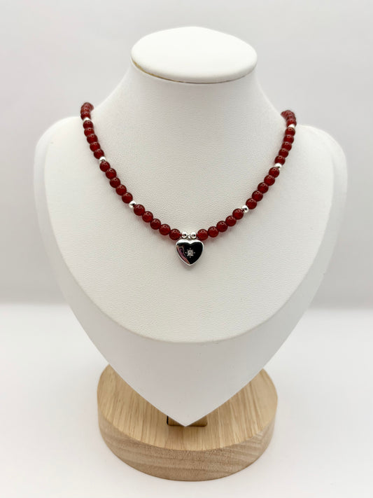 Carnelian Gemstone Necklace With Vintage Heart Charm - Silver-plated