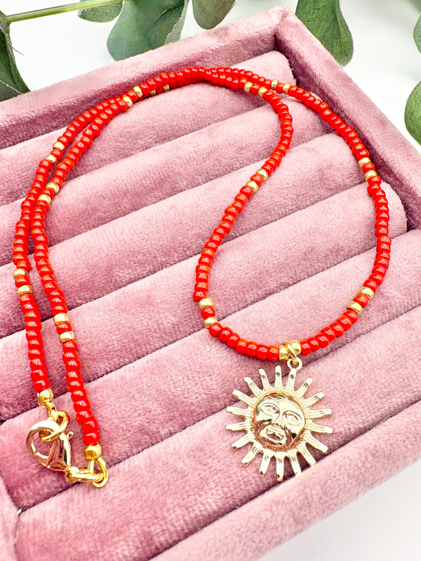 Seed Bead & Sunshine Pendant Necklace - Turquoise or Red
