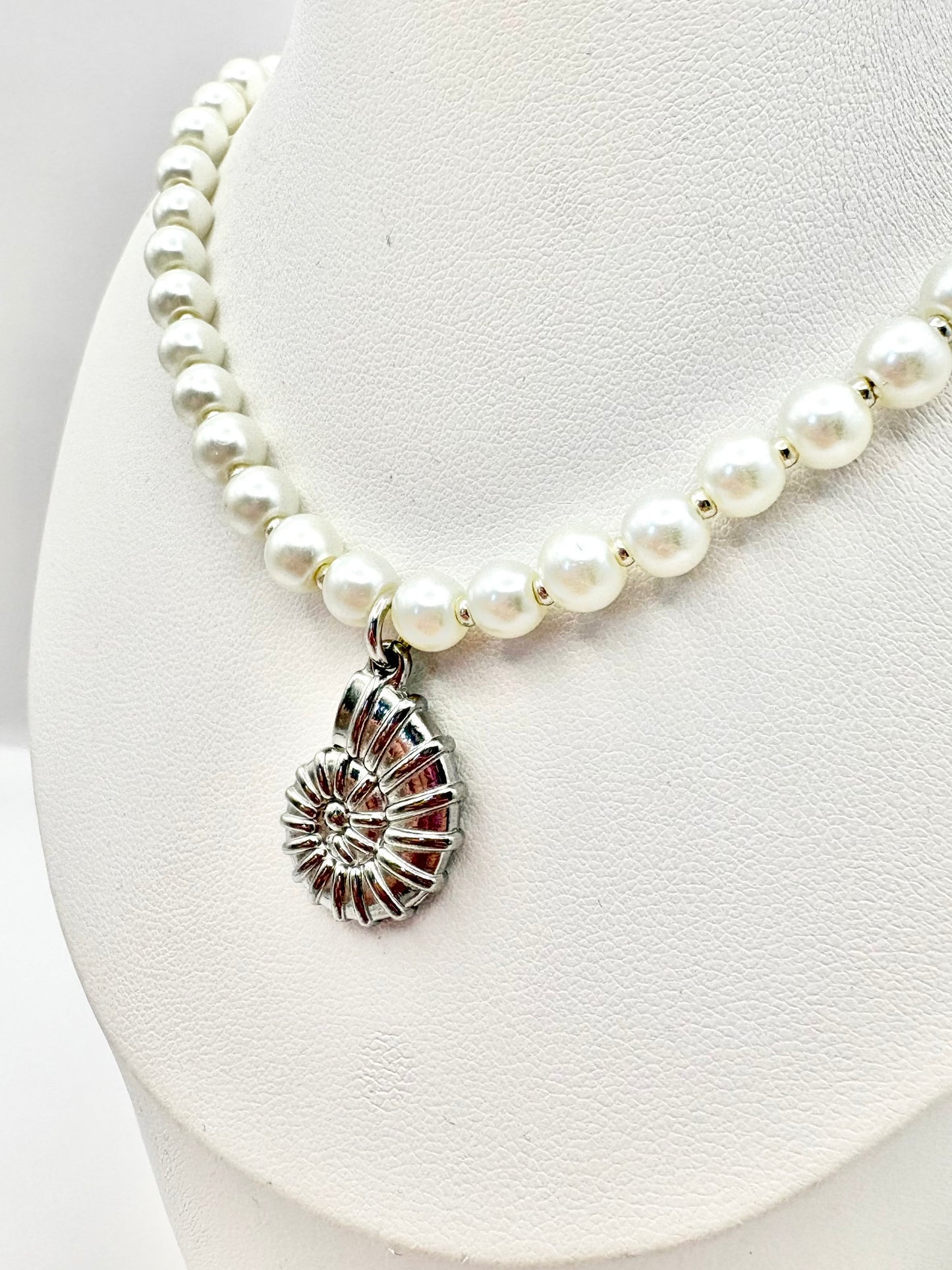 Seashell Charm & Glass Pearl Necklace