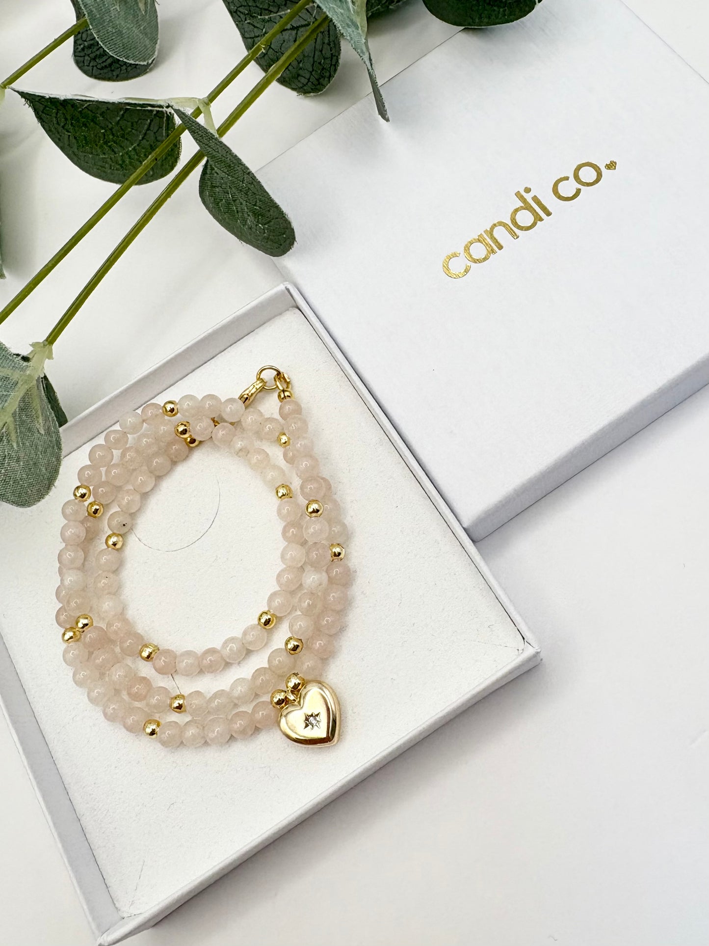 Rose Quartz Gemstone & Gold Heart Charm Necklace
