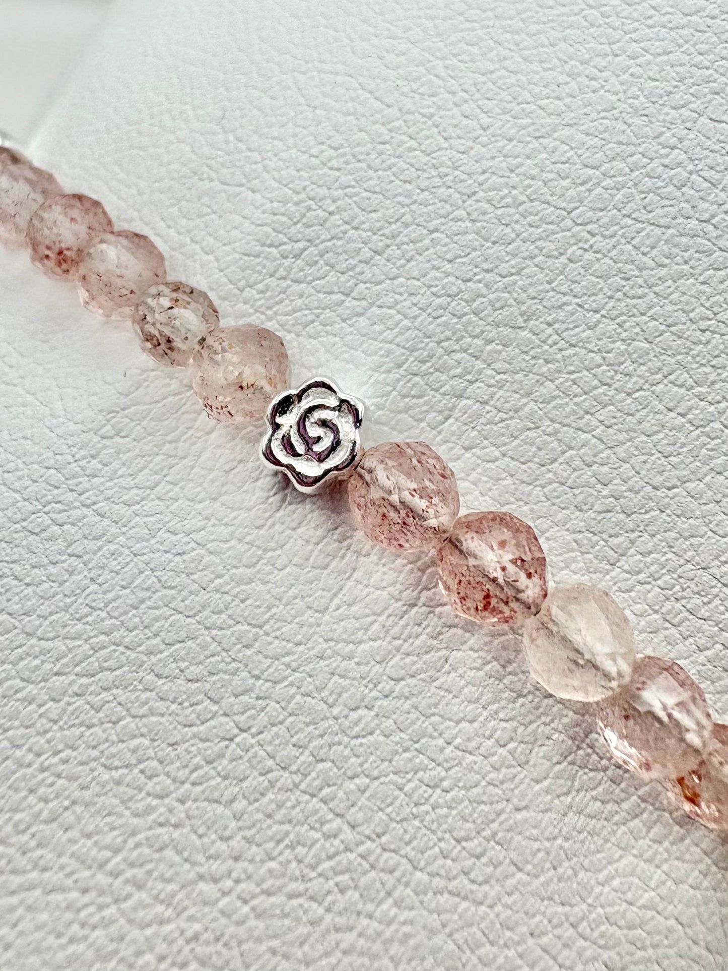 Strawberry Quartz Bracelet with Rose Charms - Sterling Silver