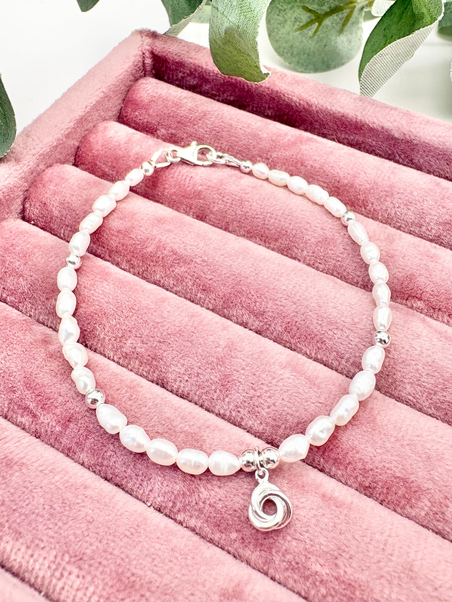 Freshwater Pearl Bracelet with Knot Charm - Sterling Silver