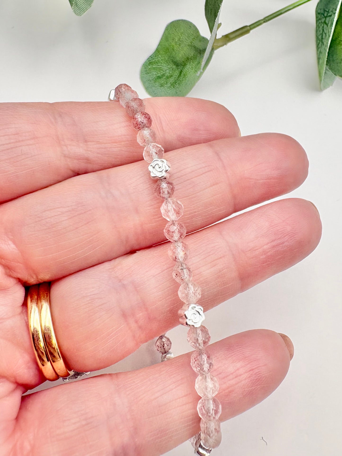 Strawberry Quartz Bracelet with Rose Charms - Sterling Silver