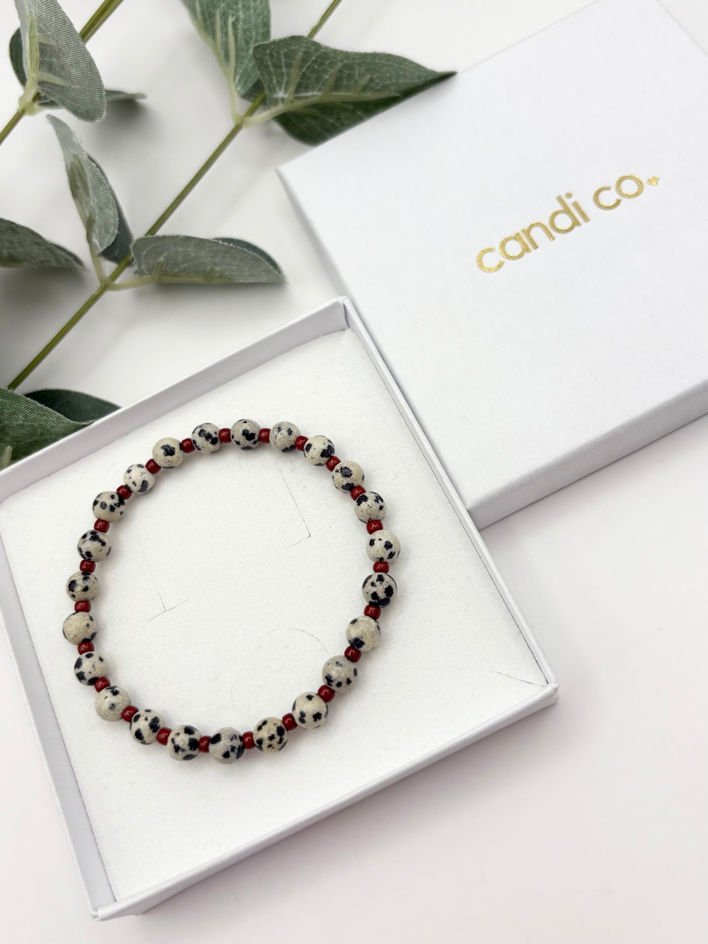 Dalmatian Jasper Gemstone and Burgundy Seed Beaded Bracelet