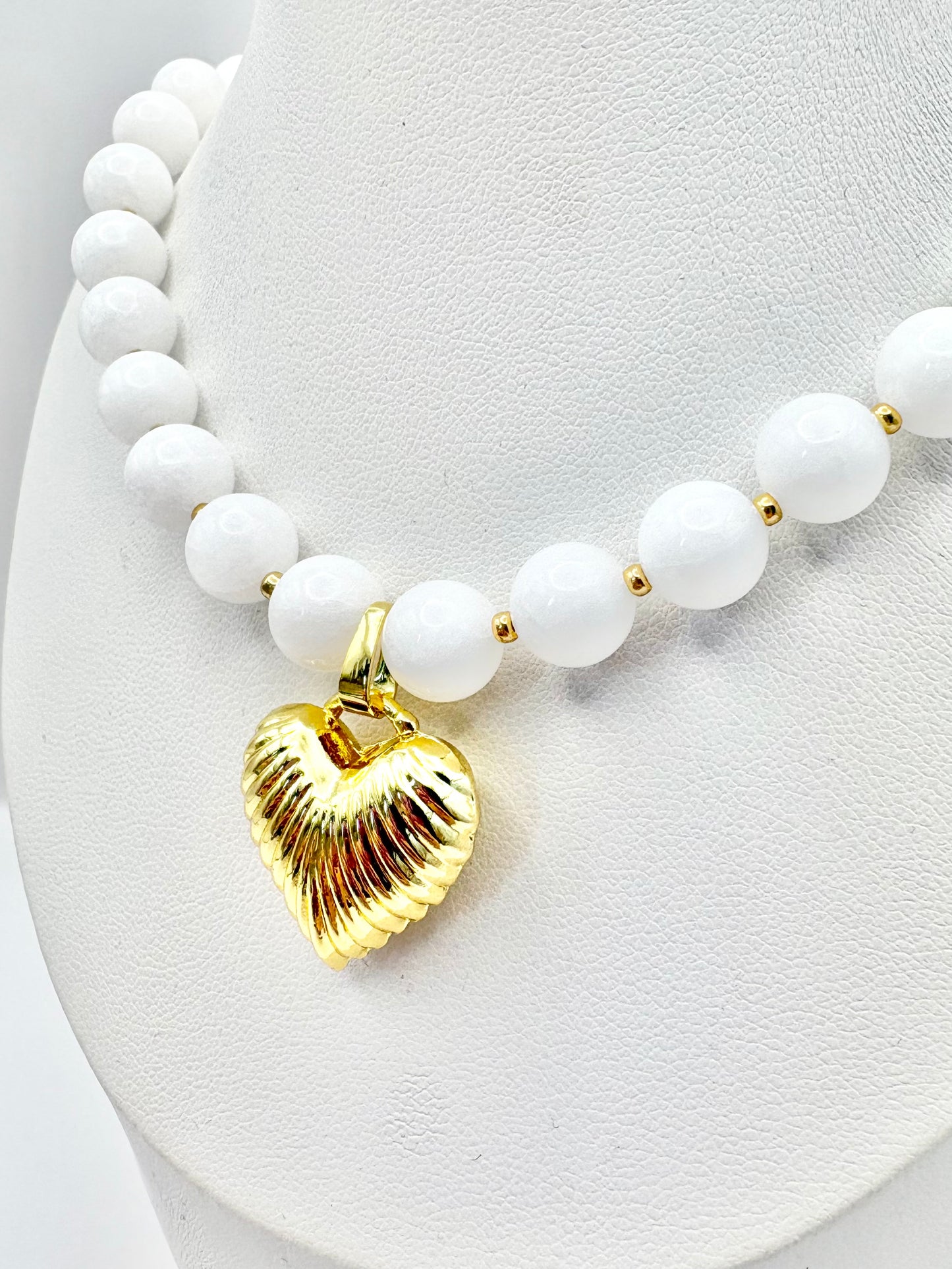 White Gemstone and Puffy Heart Pendant Necklace