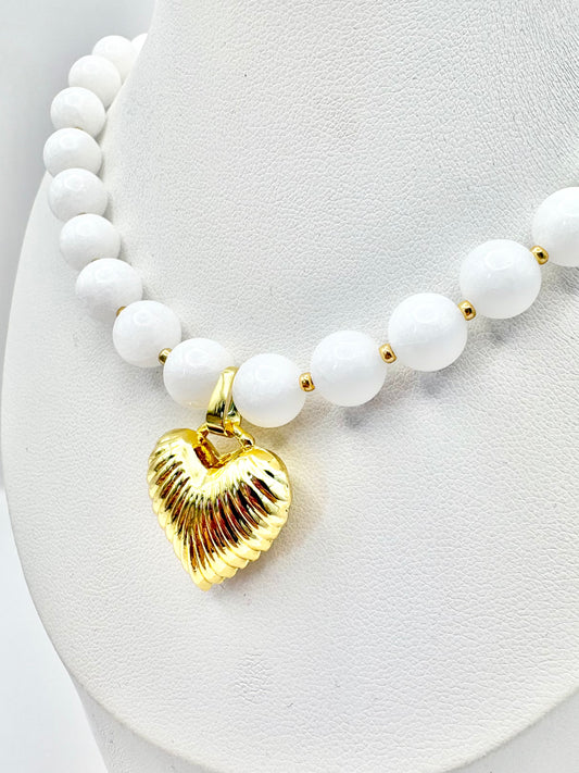 White Gemstone and Puffy Heart Pendant Necklace