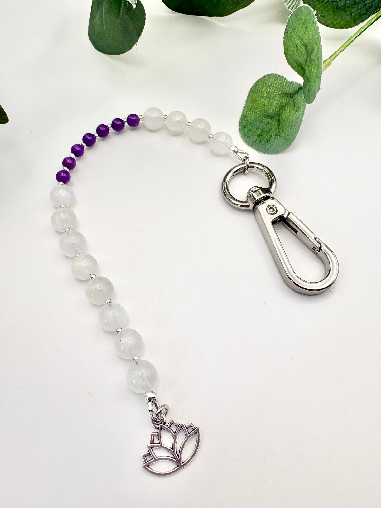 Breathing Beads Keyring - Moonstone With Purple Phosphosiderite