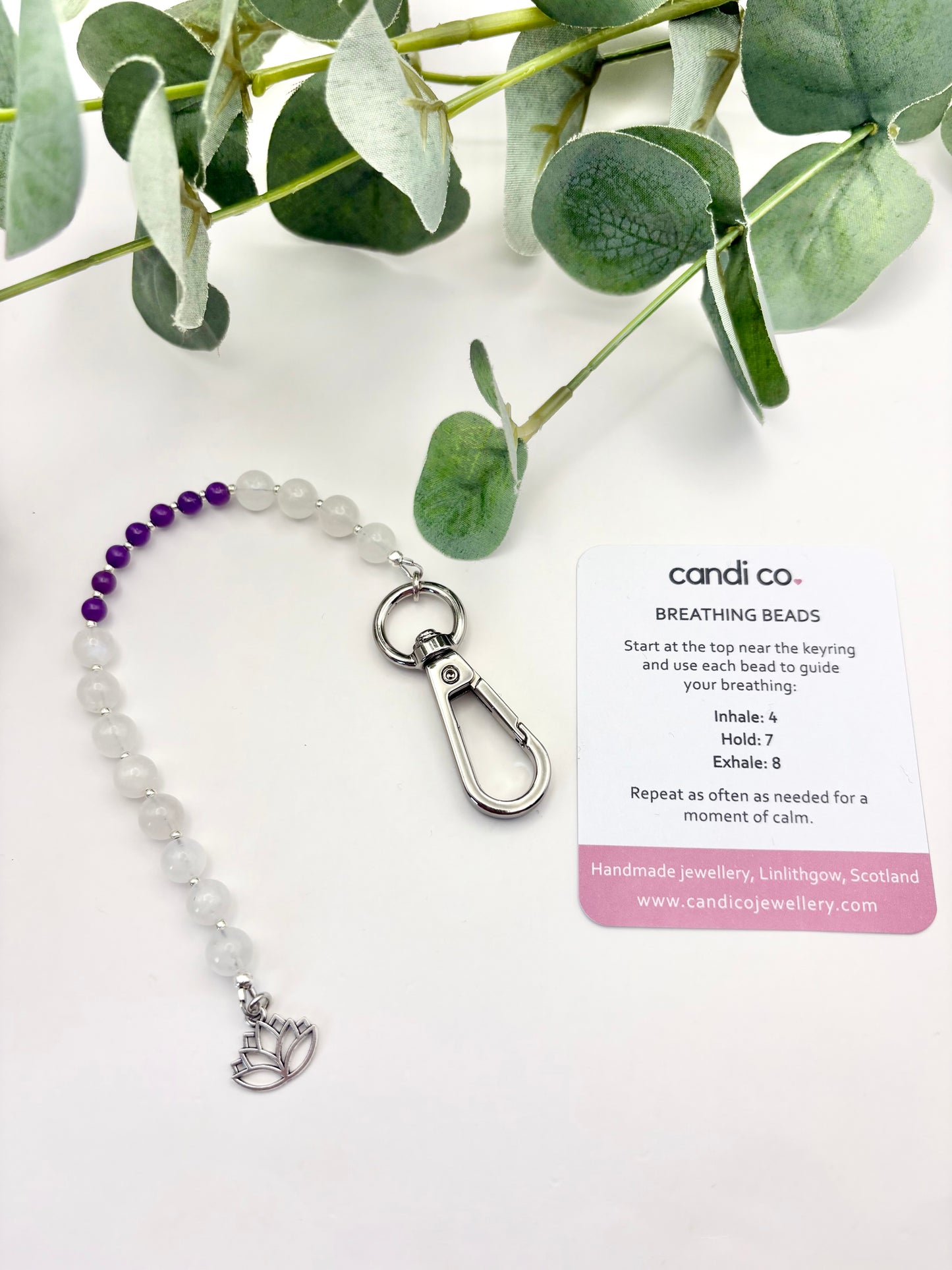 Breathing Beads Keyring - Moonstone With Purple Phosphosiderite