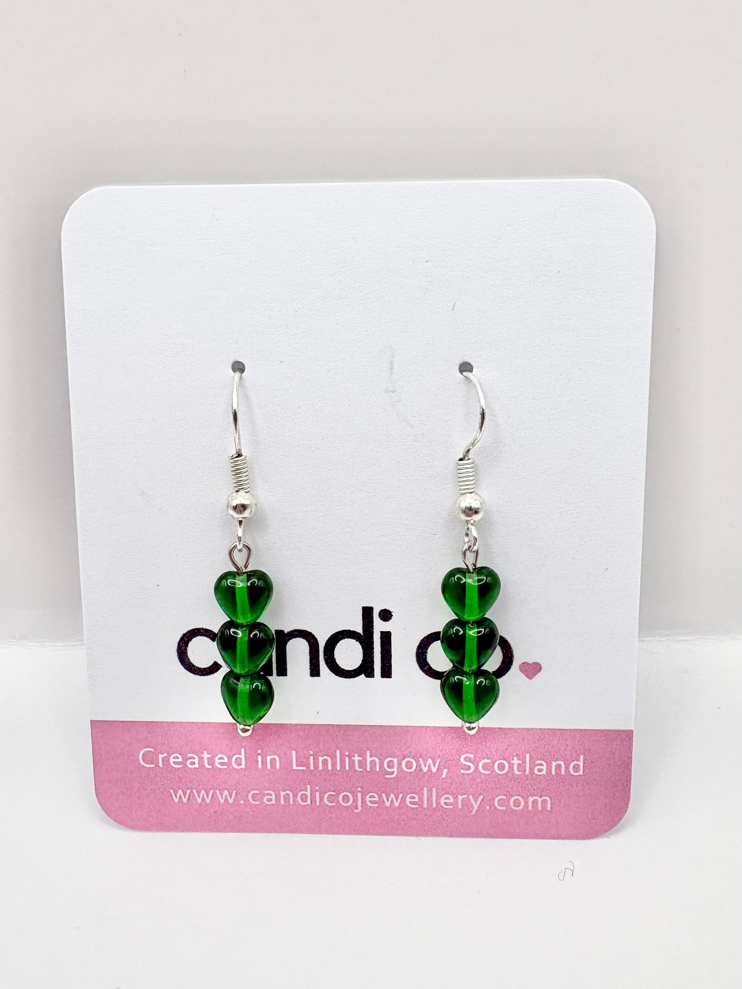 Green Czech Glass Heart Earrings - SAMPLE SALE