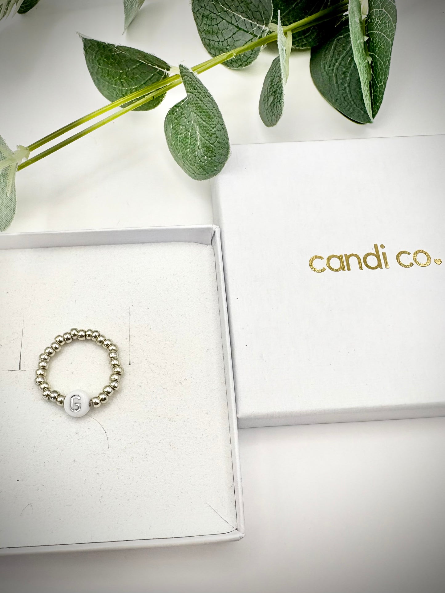 Seed Beaded Stretch Ring with Initial - Gold or Silver