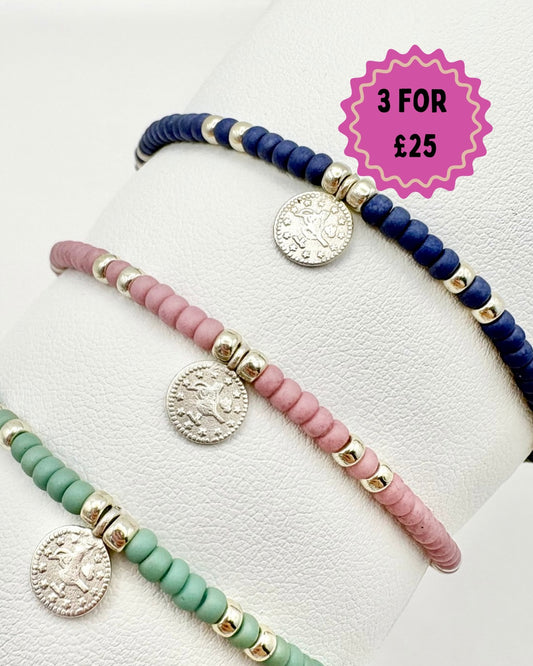 Seed Bead Stacking Bracelets - Silver Coin Charm