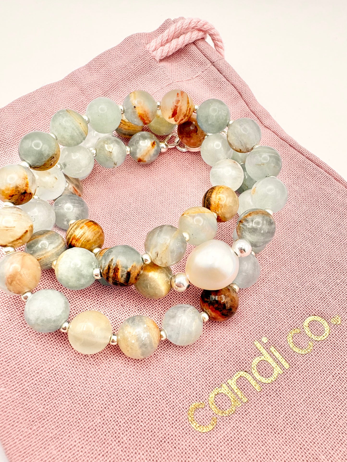 Lemurian Aquatine Calcite & Freshwater Pearl Beaded Necklace - Sterling Silver