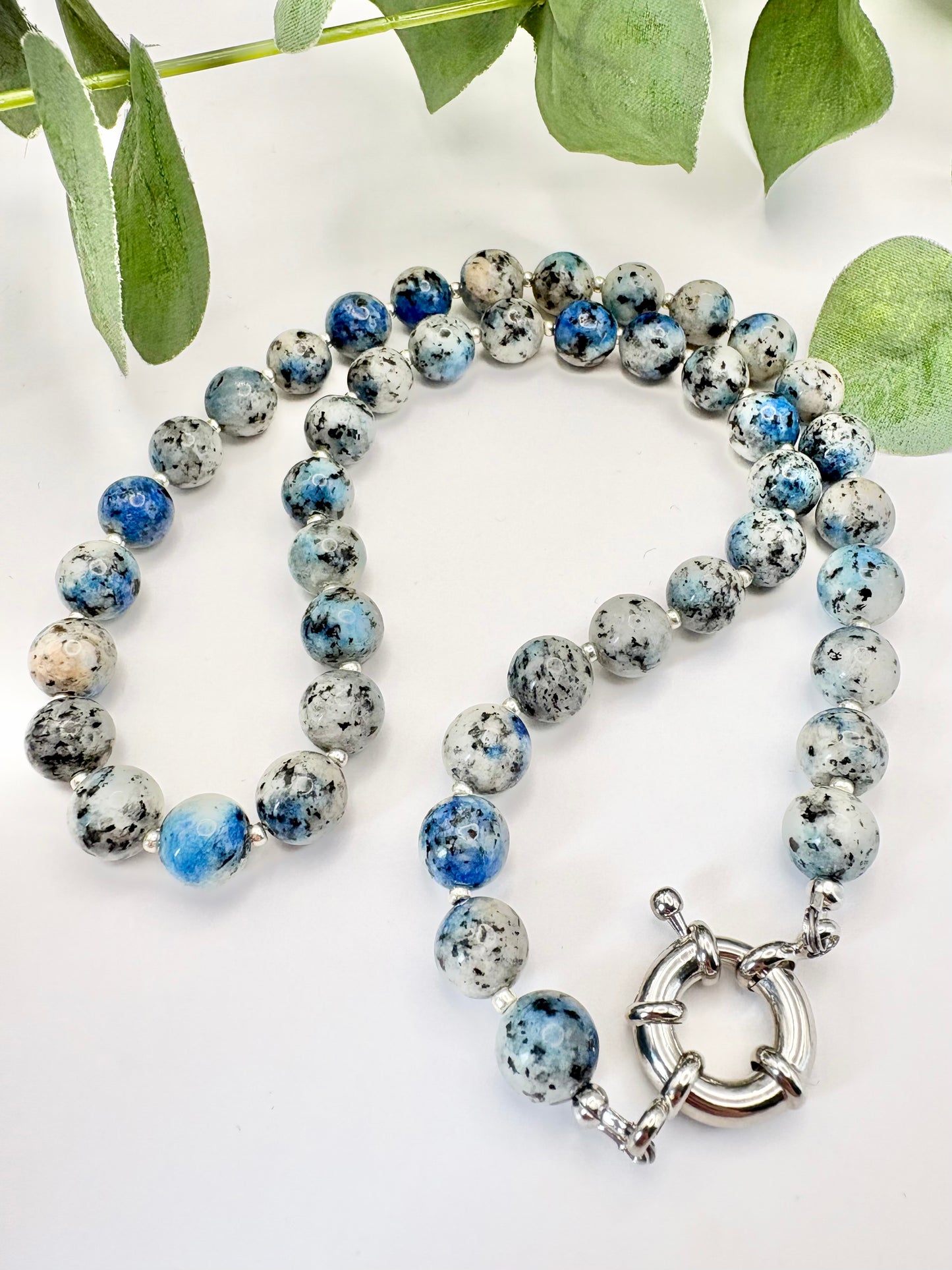 Grey and Blue K2 Raindrop Azurite Gemstone Necklace, Spring Clasp