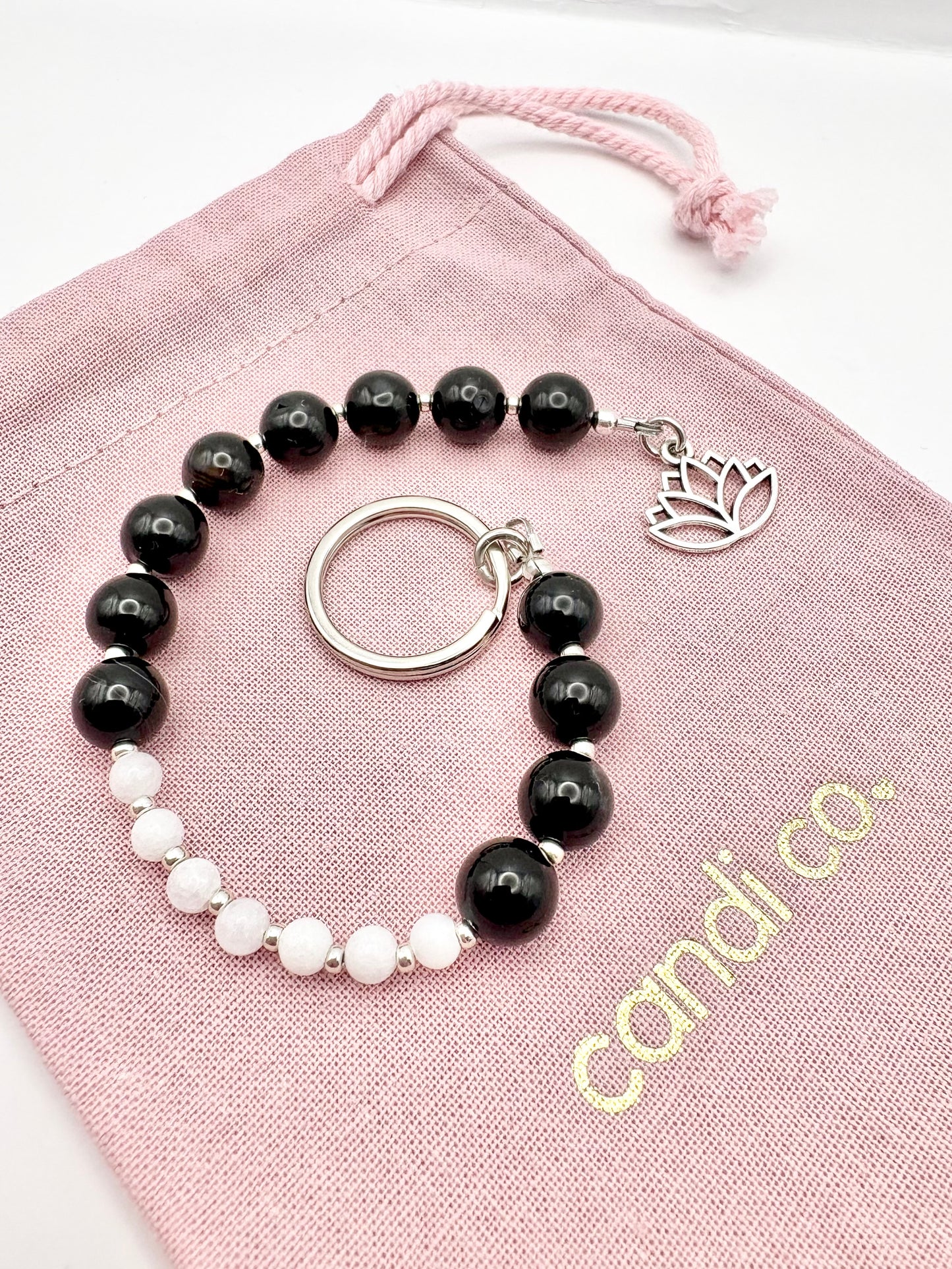 Breathing Beads Keyring - Black Onyx with White Malaysian Jade