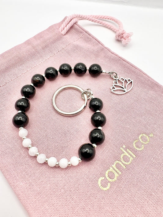 Breathing Beads Keyring - Black Onyx with White Malaysian Jade
