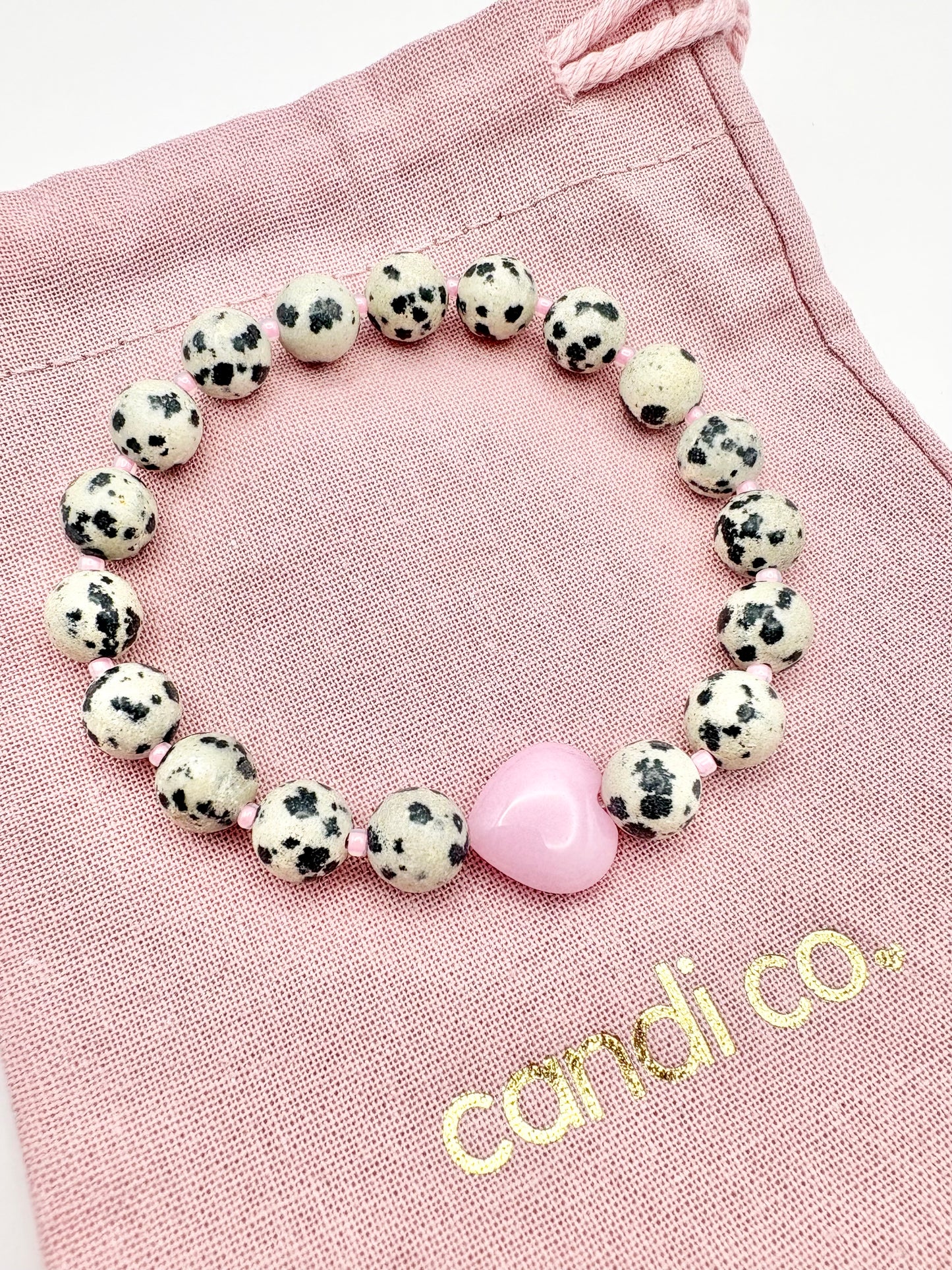 Dalmatian Jasper & Pink Heart Bracelet