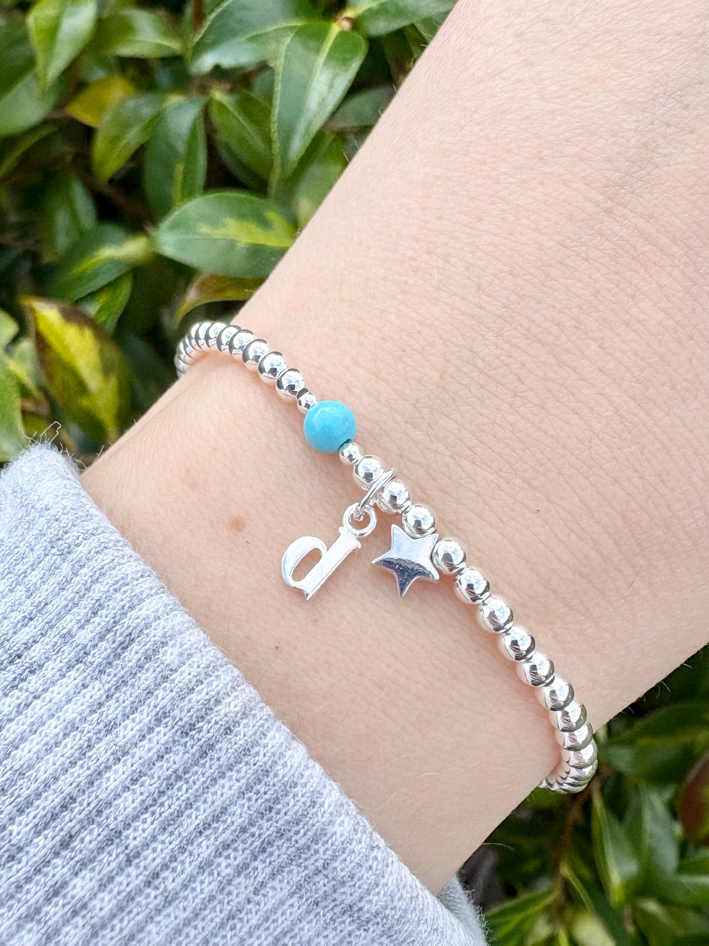 Initial, Birthstone and Charm Beaded Bracelet - Sterling Silver